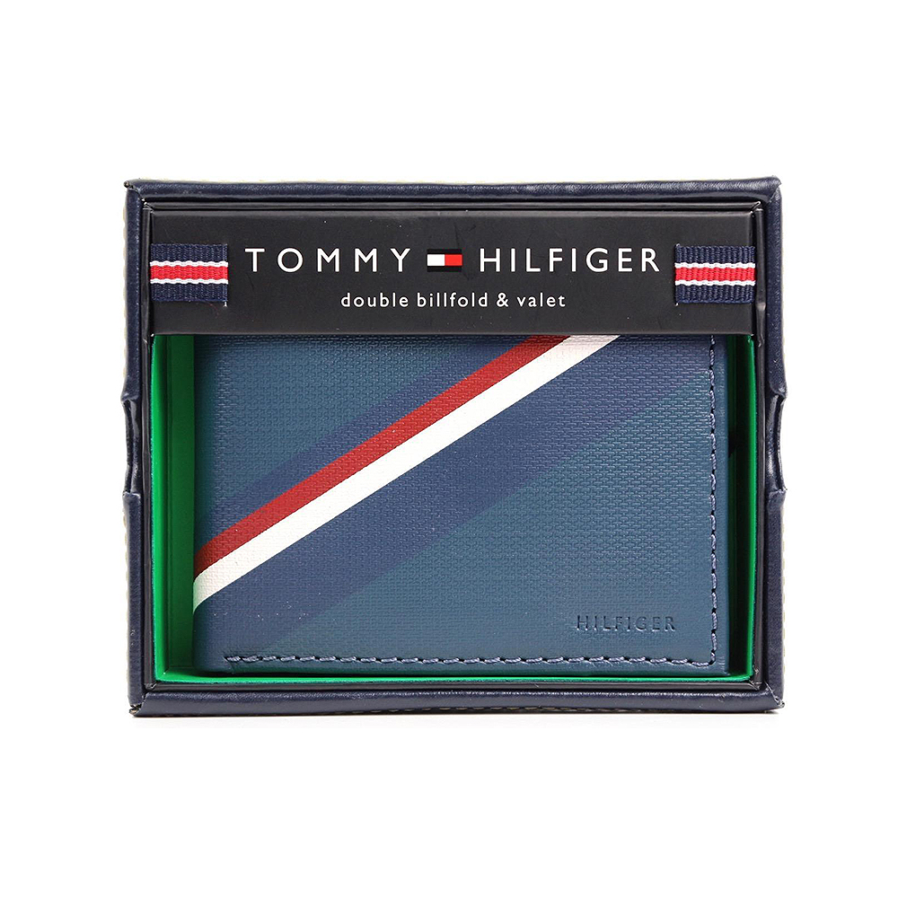Tommy Hilfiger Men's Leather Double Billfold ID Wallet Blue Grey